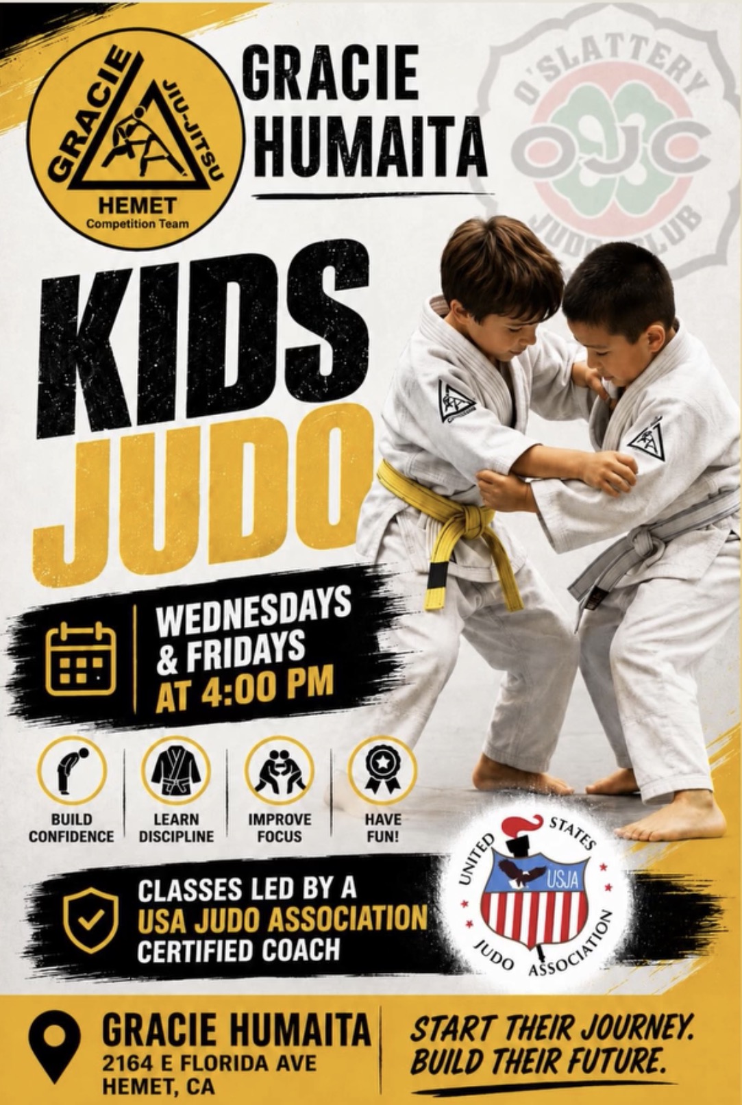 Kids Judo flyer, Wednesdays and Fridays at 4:00 PM